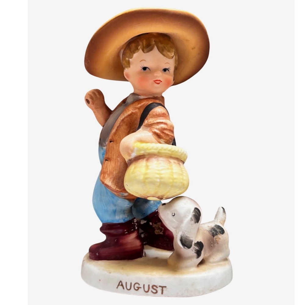 Vintage Lefton August Birthday Boy Figurine #2300 Fishing Dog Japan 6"